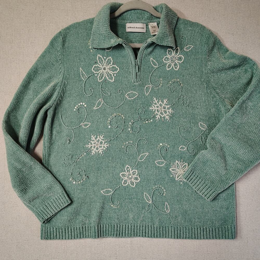 Alfred Dunner L Chenille Sweater Floral Embroidered Sequin Quarter Zip Granny